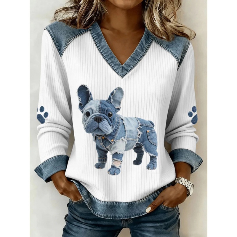 3D Print Colorblock Denim Collar Pullover Sweatshirt Women's Long Sleeve Loose Fit