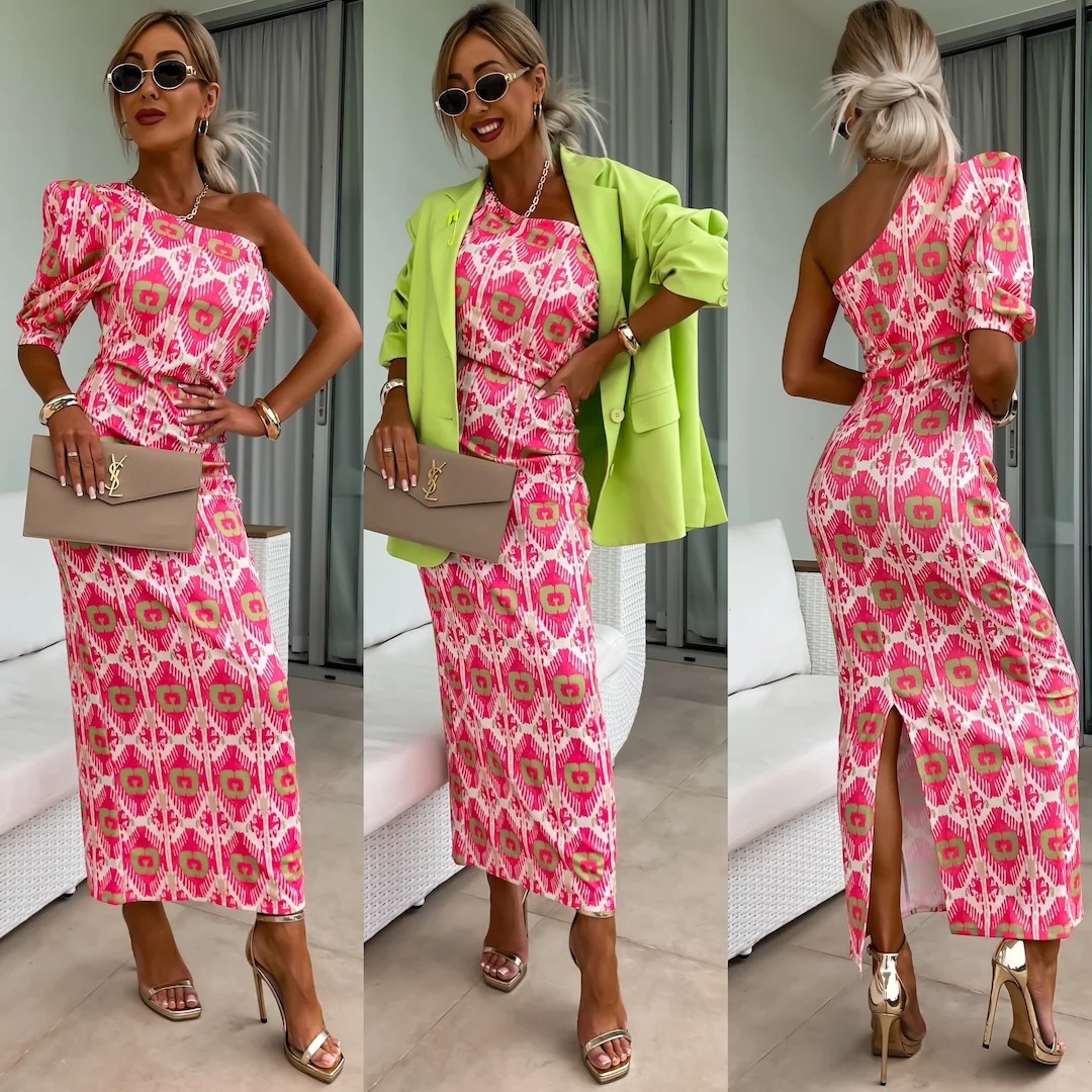 Women's Sexy Off-Shoulder Floral Print High-Slit Waist-Cinching Midi Dress