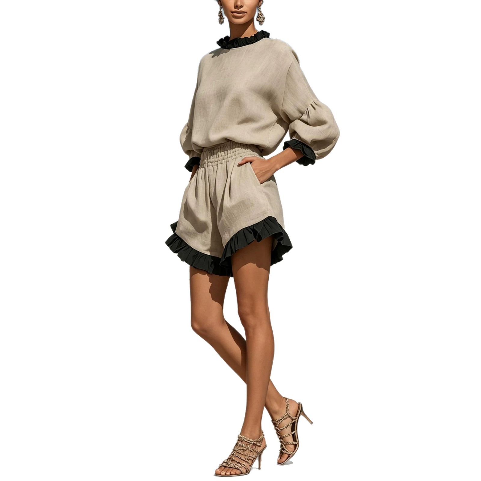 Color-Block Ruffle Linen Two-Piece Set with Lantern-Sleeve Top and High-Waist Pocket Shorts