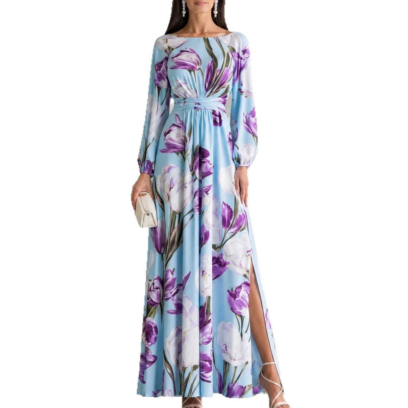 Elegant Floral Print Long Sleeve Bodycon Maxi Dress