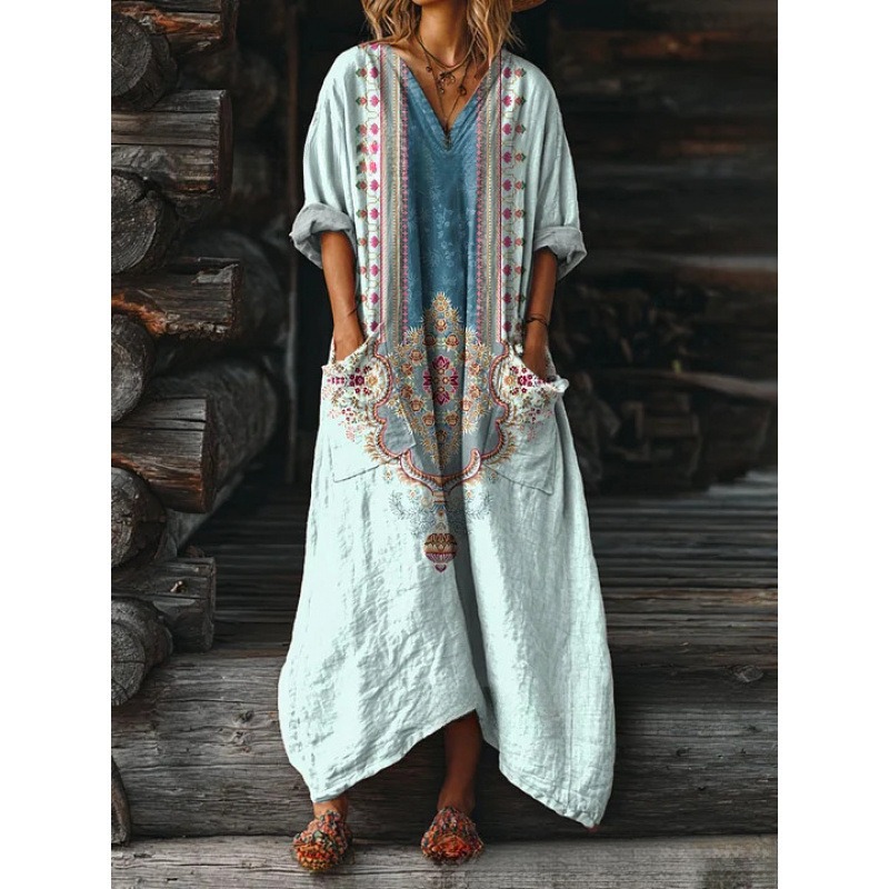Women's Floral Ripple Print V-Neck A-Line Midi Dress Long Sleeve