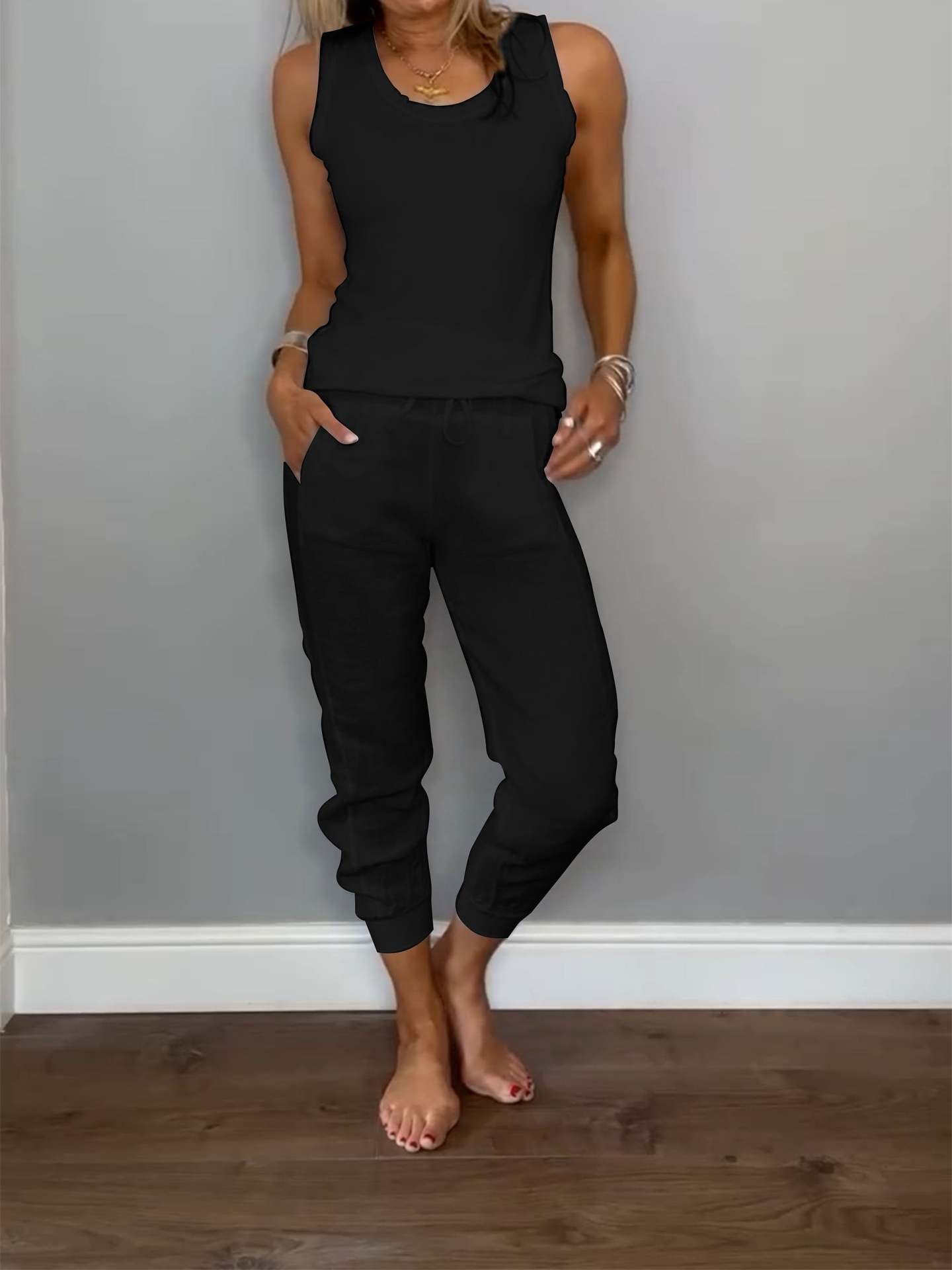 Cotton-Linen Tank Top and Drawstring Pants Set