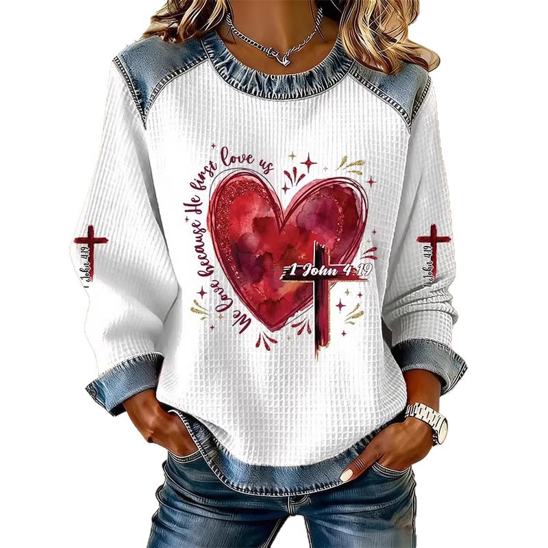 Women's Heart Cross Letter Print Crewneck Sweatshirt