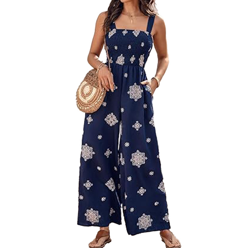 Women's Sleeveless Smocked Pocket Printed Jumpsuit