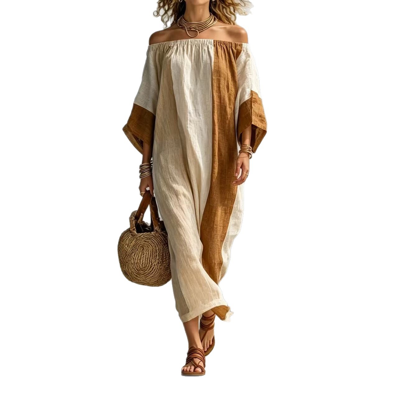 Women's Off-Shoulder Color-Block Long Dress Casual Loose Fit