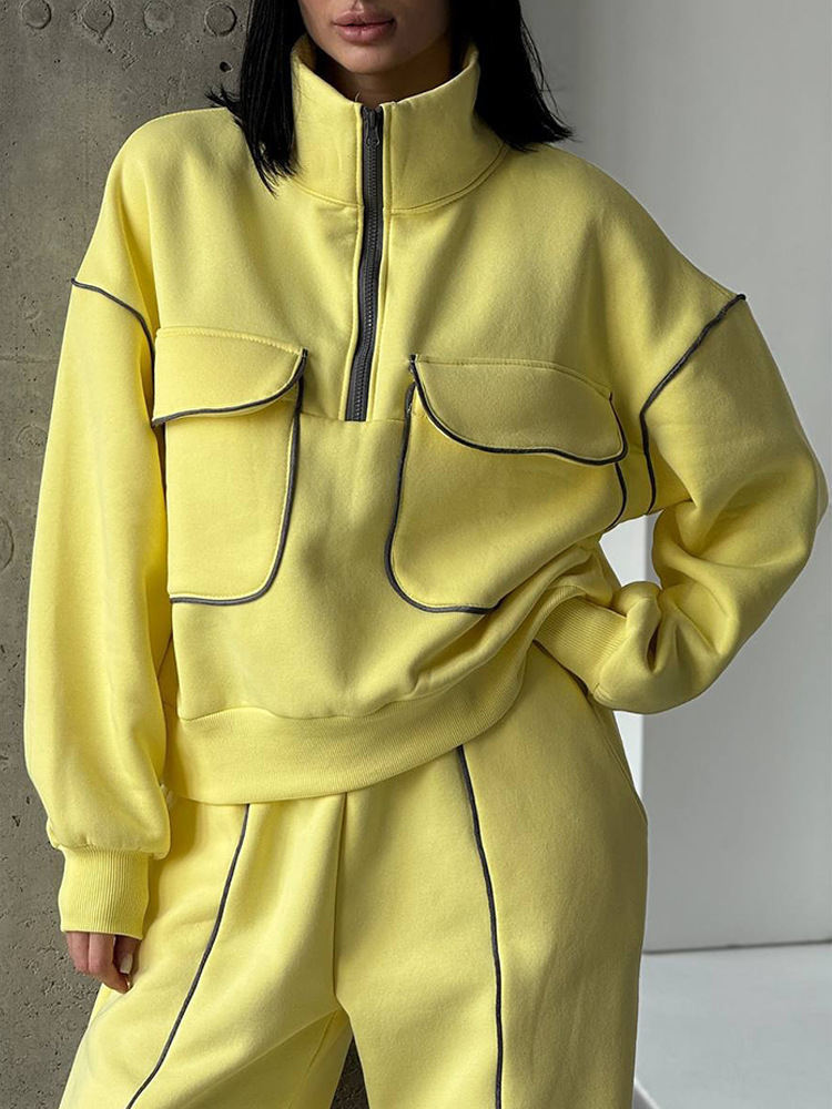 Women's Half-Zip Hoodie and Pants Set with Pockets