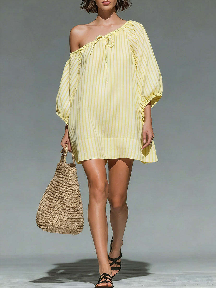 Striped One-Shoulder Loose A-Line Short Dress