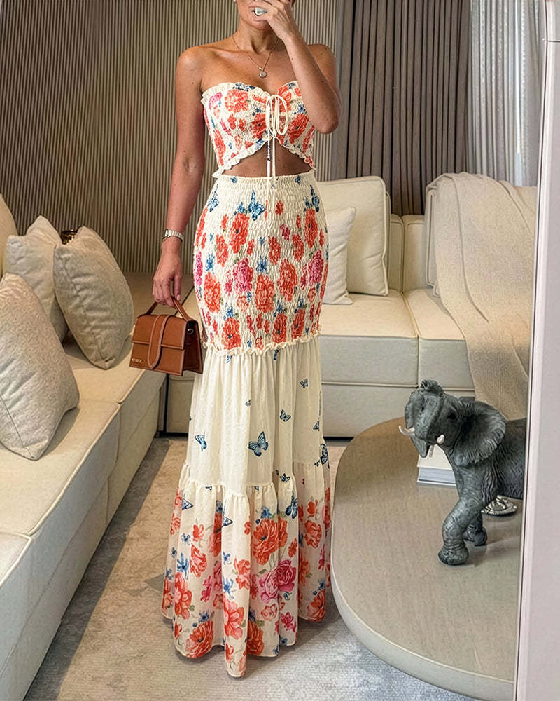 Tropical Print Smocked Tube Top and Ruffle Hem Long Pants Set