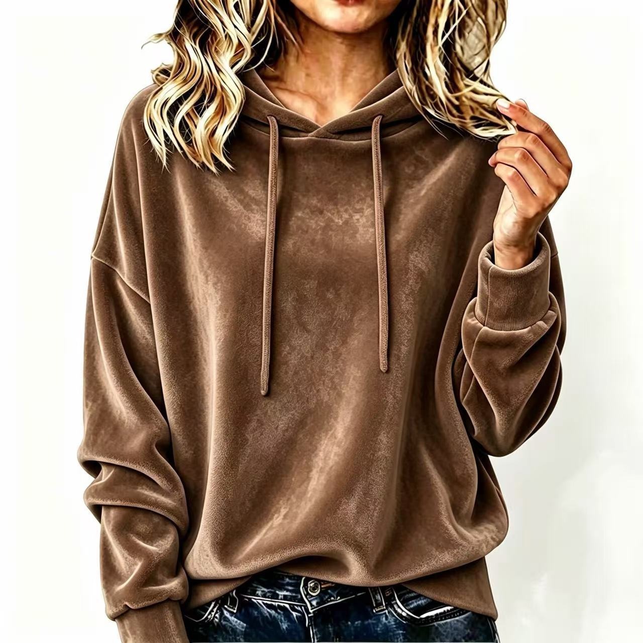 Hooded Drawstring Velvet Solid Color Long Sleeve Sweatshirt for Women