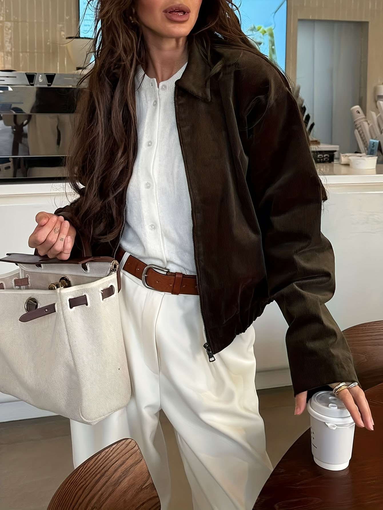 Vintage Brown Corduroy Zip-Up Jacket for Women, Loose Fit