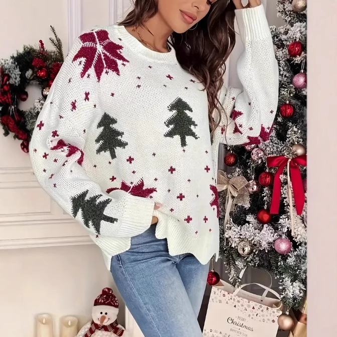 Snowflake Christmas Tree Print Crewneck Knit Sweater