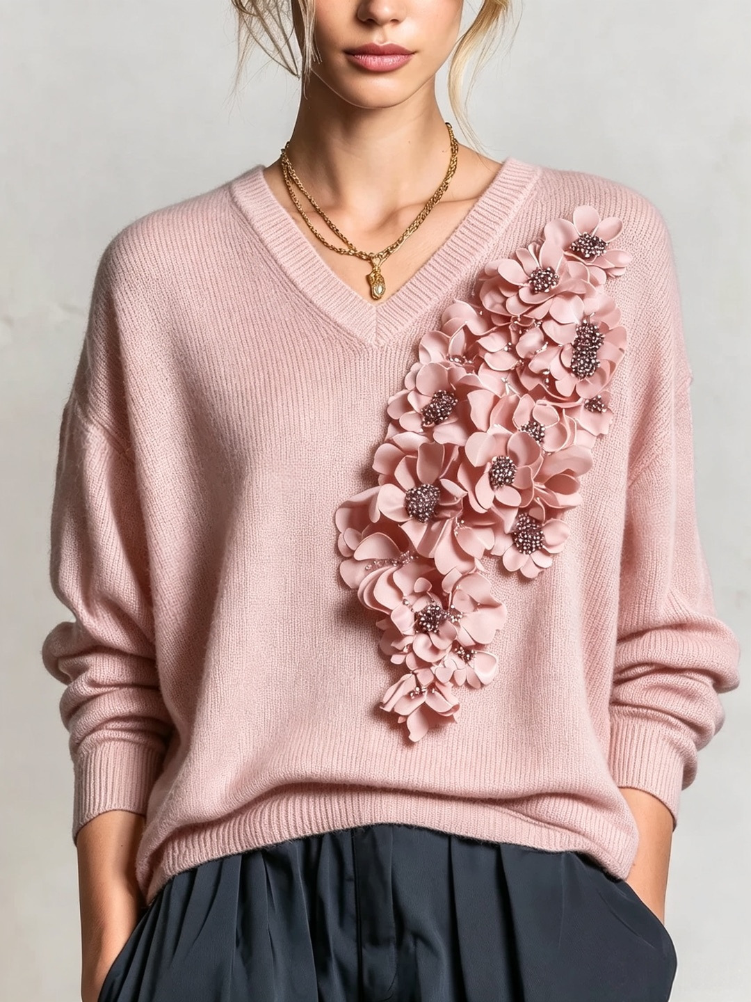 3D Floral V-Neck Knit Sweater