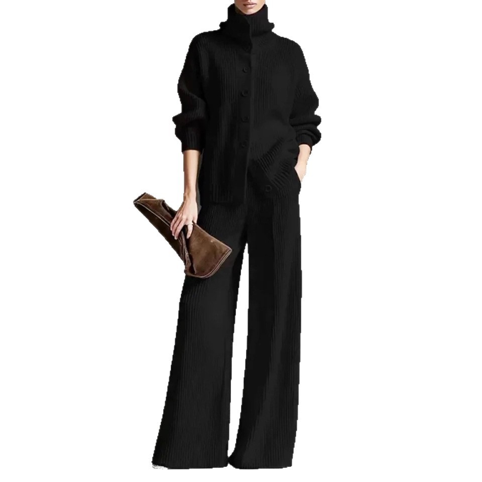 Women's Thickened High Neck Wide Leg Pants Set Casual Two-Piece