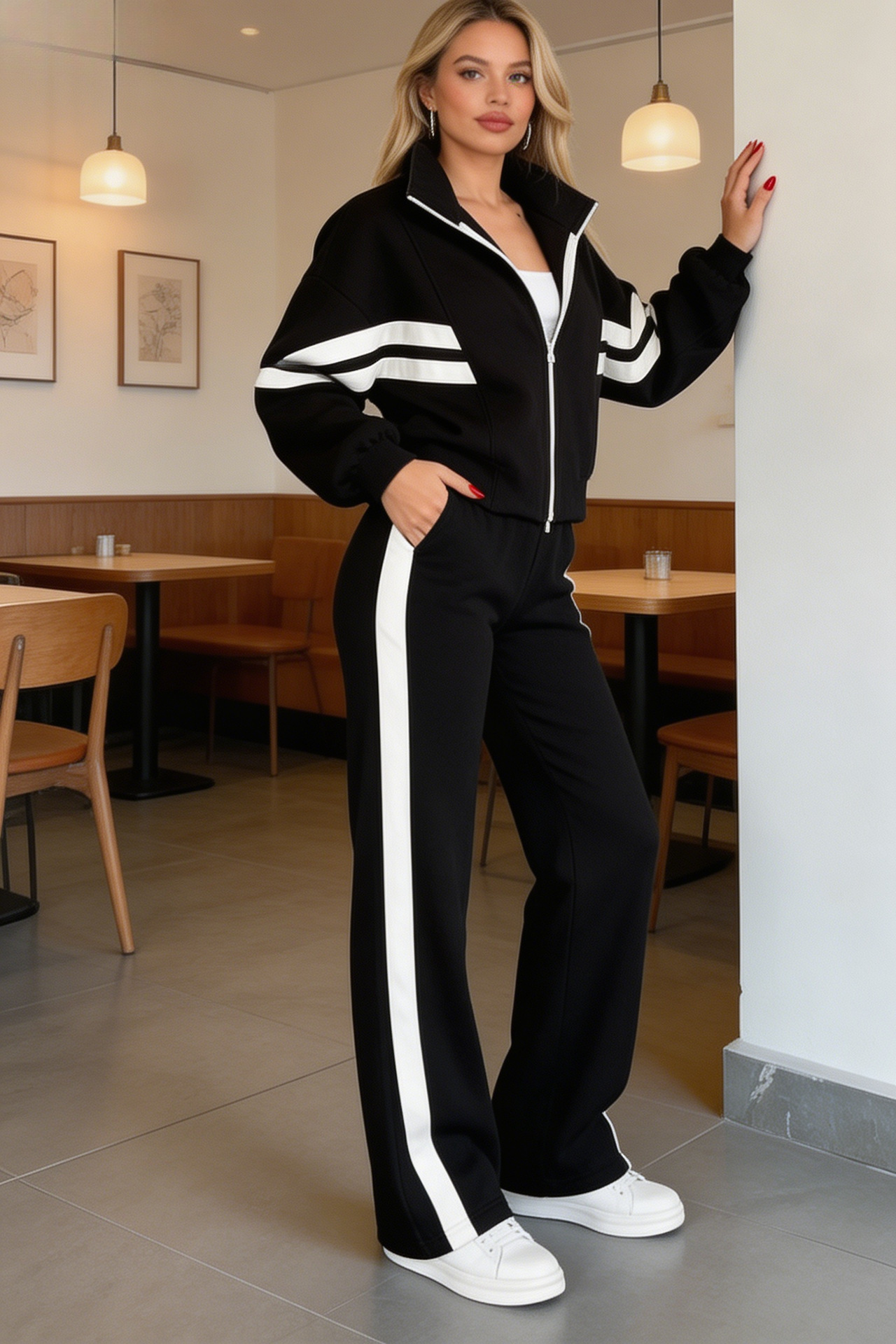 Y2K Striped Zip-Up Top & Pants Casual Tracksuit Set