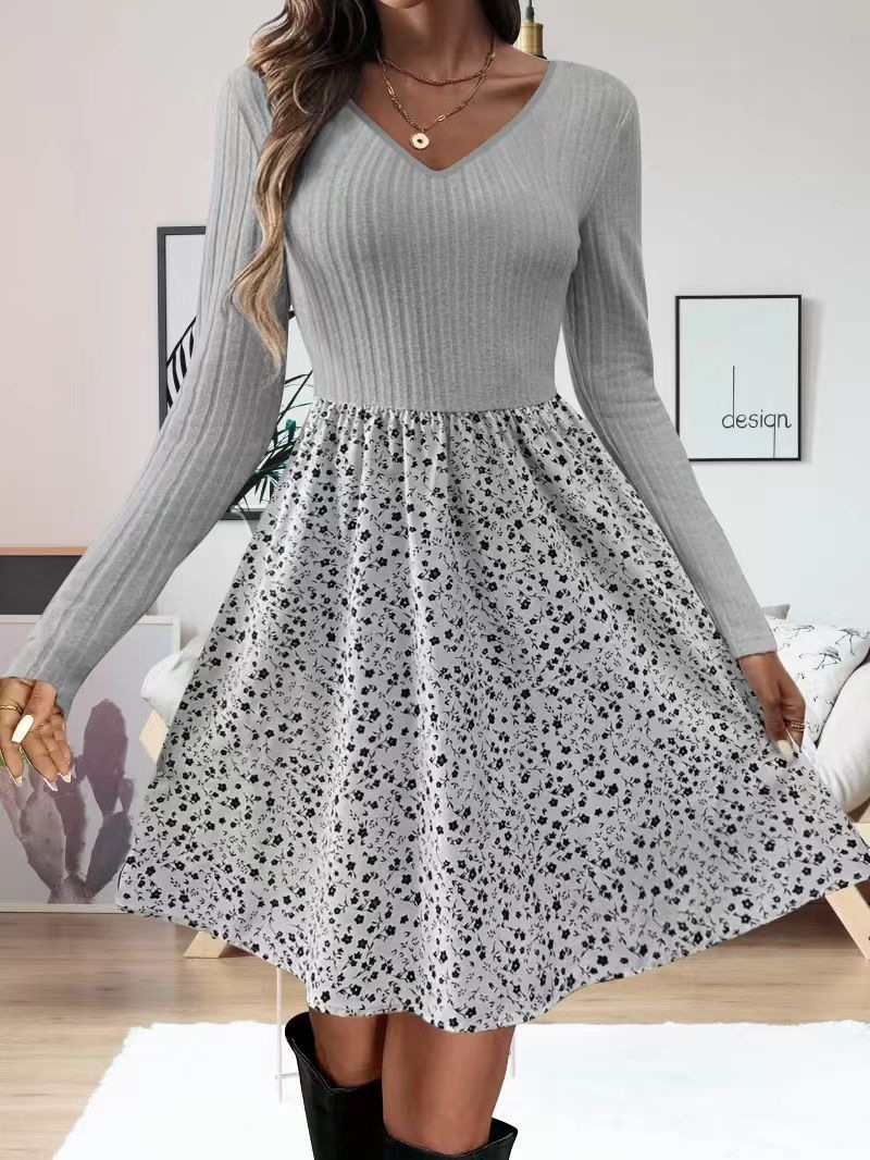 Women's Long Sleeve V-Neck Knit Floral Midi Dress