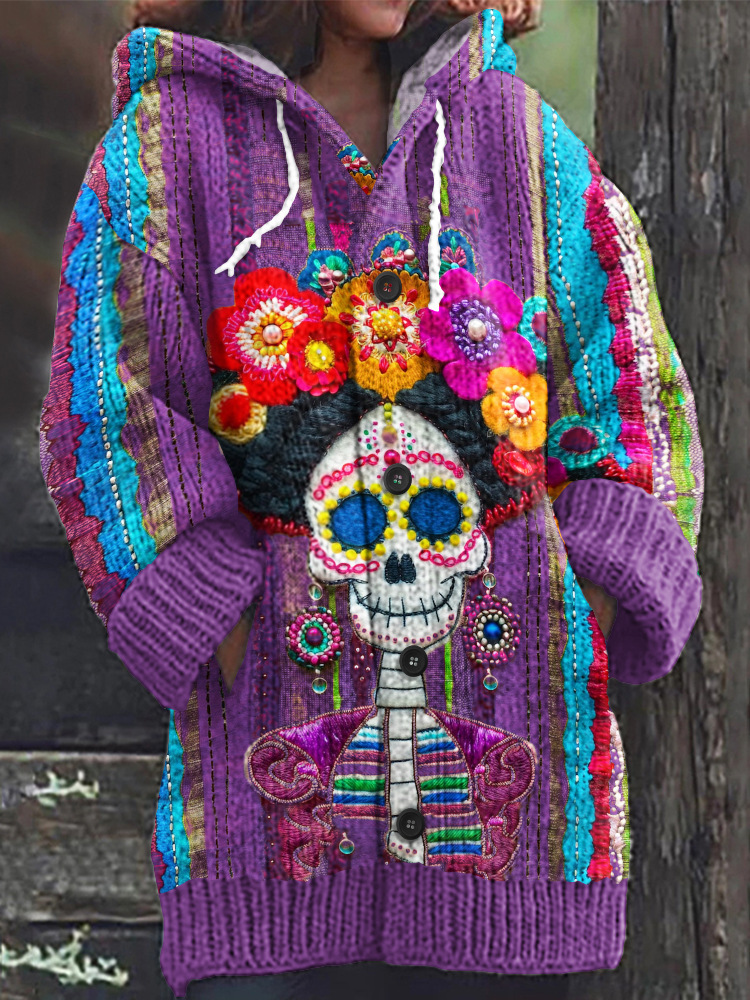 Women's Halloween Zombie Floral Print Hooded Button Cardigan Sweater