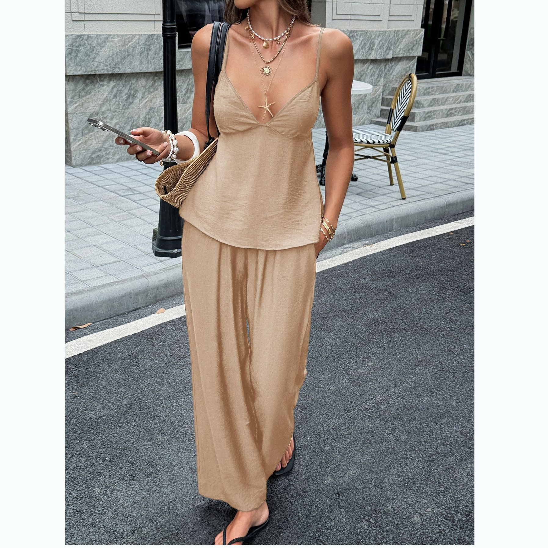 Women's Sleeveless Cami Top and Pants Set Solid Color Vacation Outfit