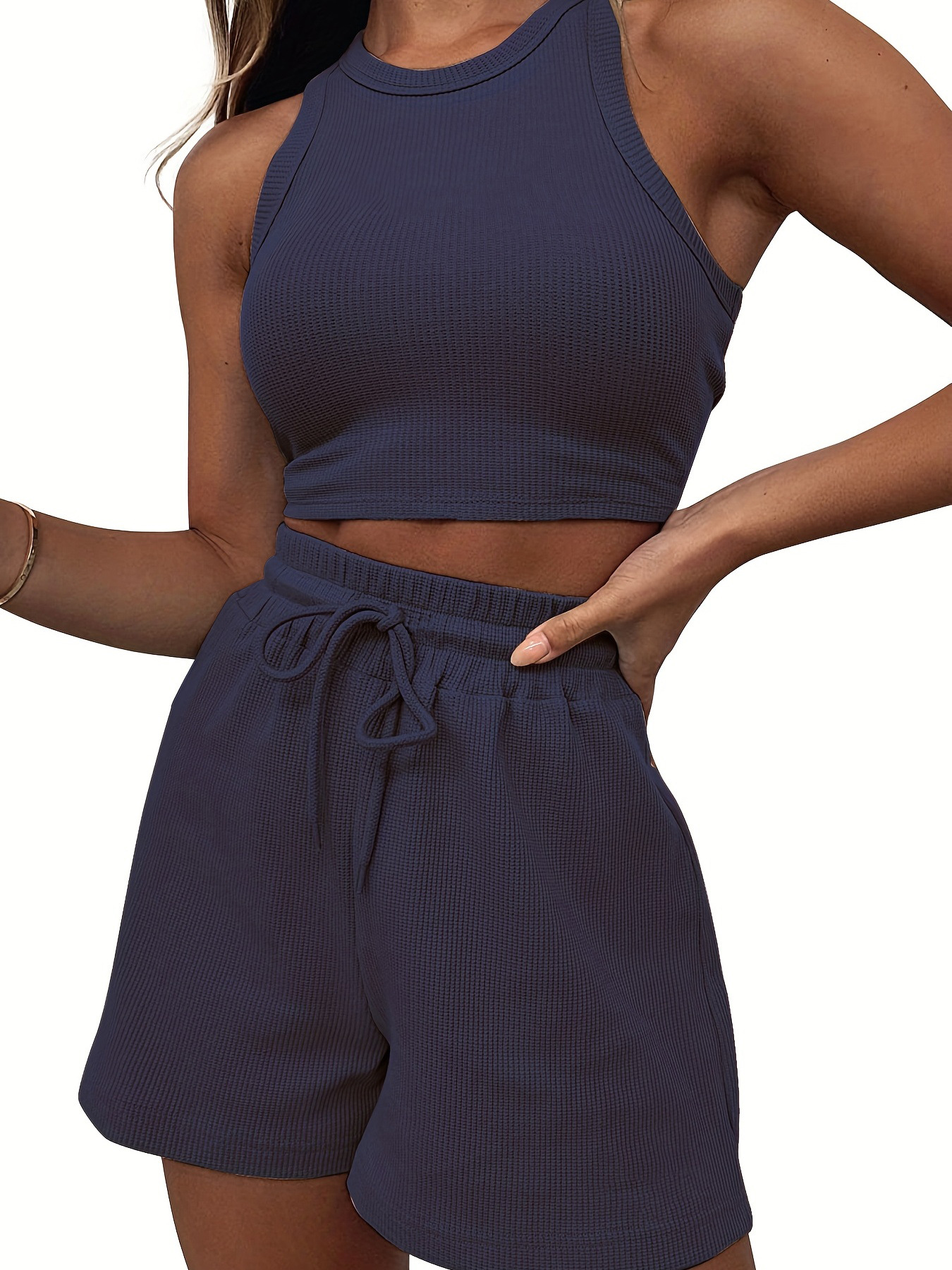 Women's Sleeveless Waffle Knit Two-Piece Set Solid Color Tank and Shorts
