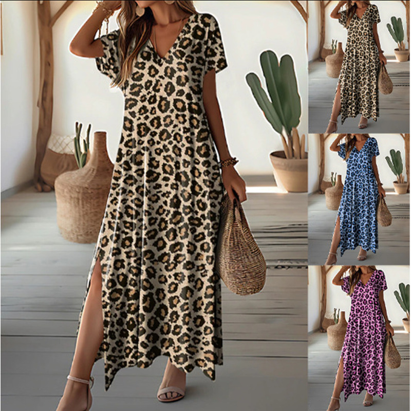 Women's Printed V-Neck Short Sleeve Loose Long Dress