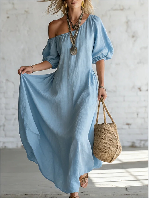 Off-Shoulder Cloud Cotton Puff Sleeve Loose Flowy Maxi Dress