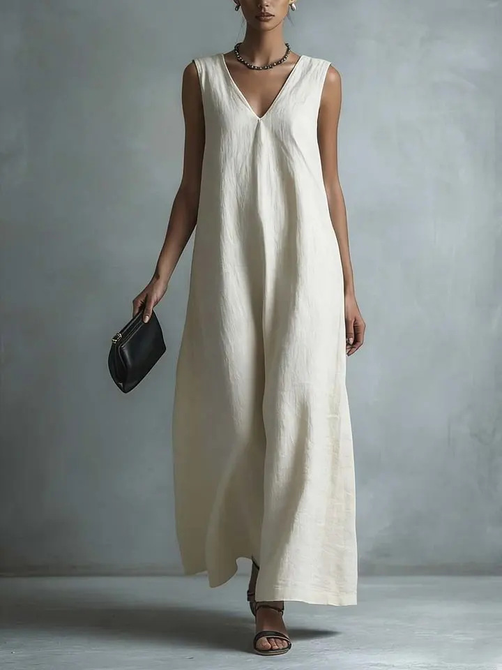 Women's V-Neck Sleeveless Linen-Look A-Line Midi Dress