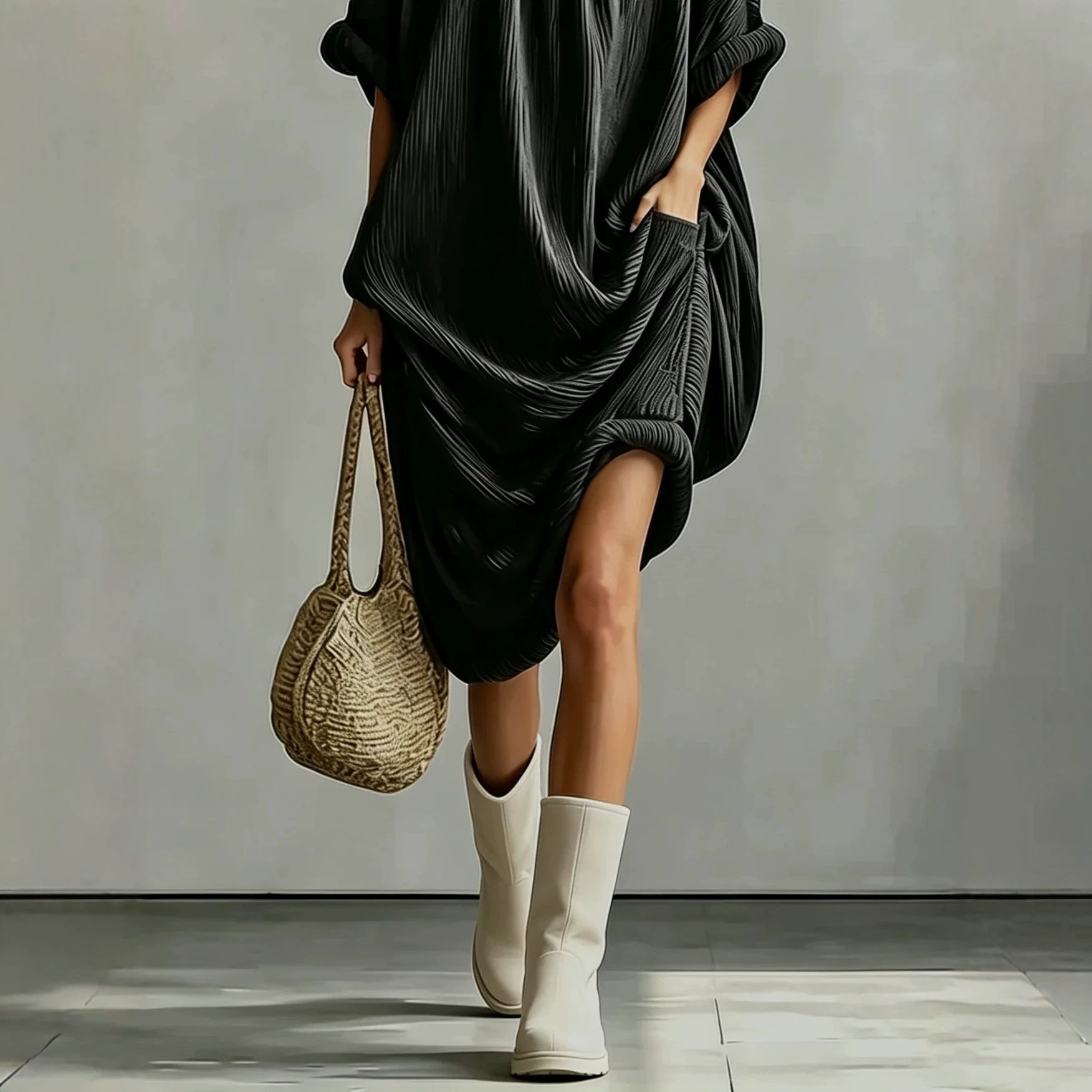 Dark Textured Pleated Hooded Sweatshirt Dress Slit Loose Midi
