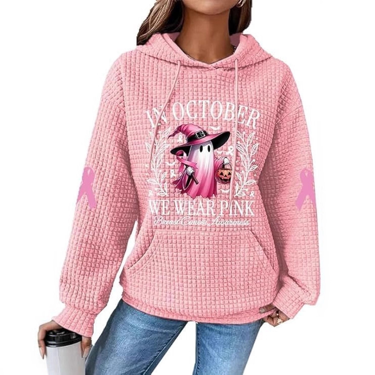 Women's Waffle Knit Hoodie with Cute Cartoon Ghost Print