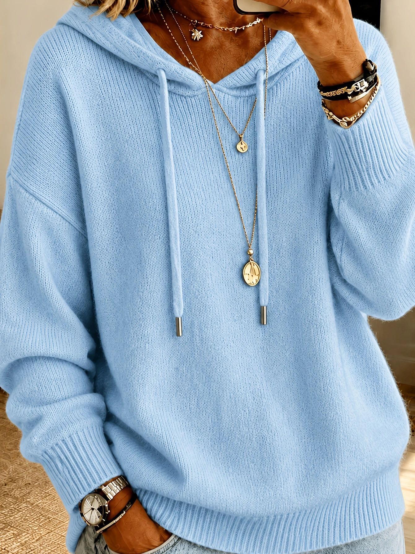 Women's Hooded Pullover Knit Sweater with Drawstring