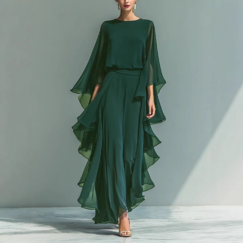 Women's Navy Chiffon Top and Straight-Leg Pants Set with Ruffle Bell Sleeves