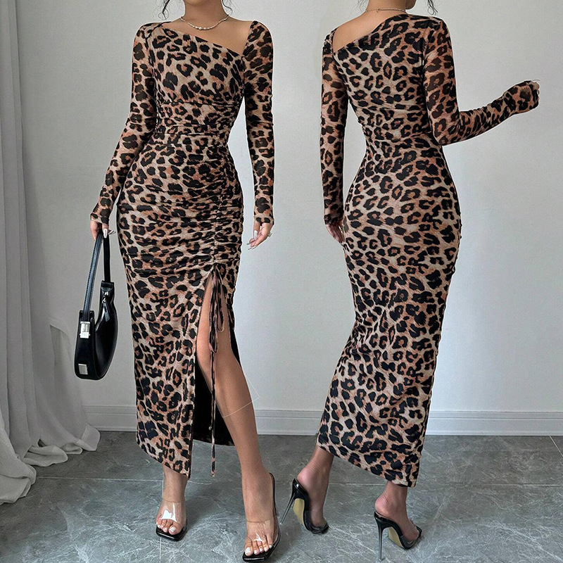 Leopard Print Bodycon Dress Long Sleeve Slim Fit