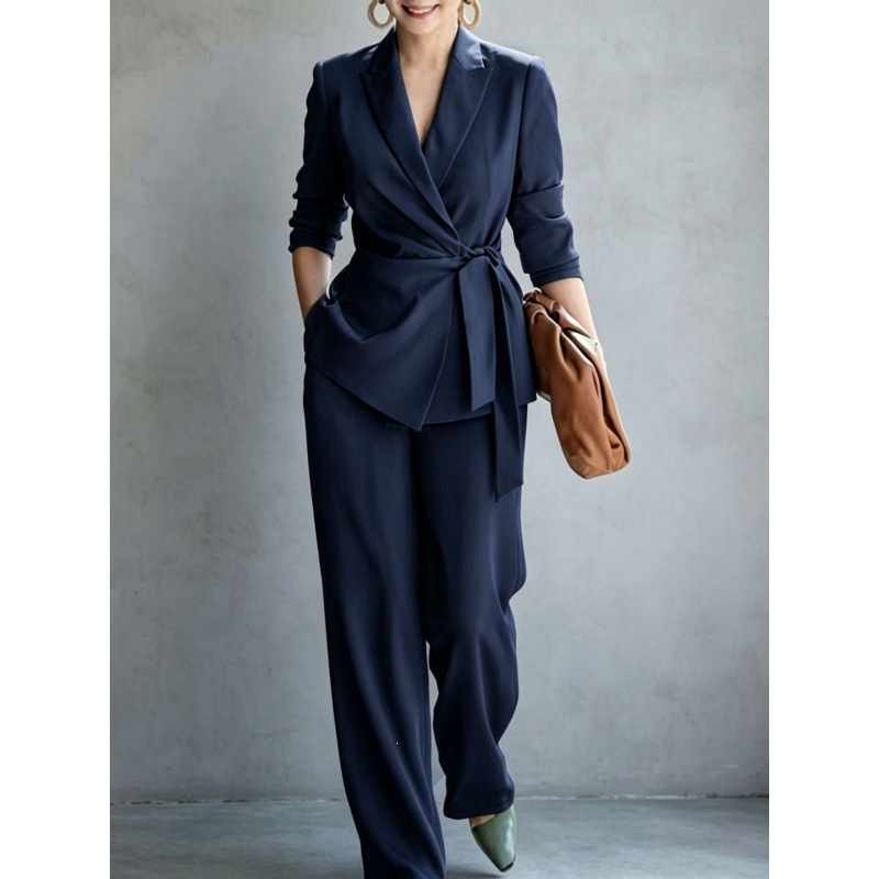 Women's Solid Color Blazer and Pants Set with Belt