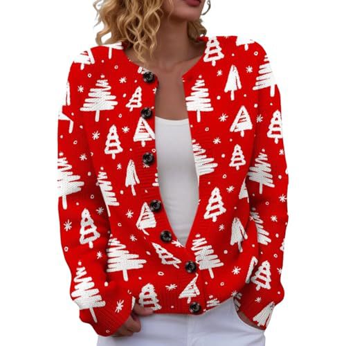 Women's Christmas Tree Snowflake Snowman Reindeer Print Button Cardigan Sweater