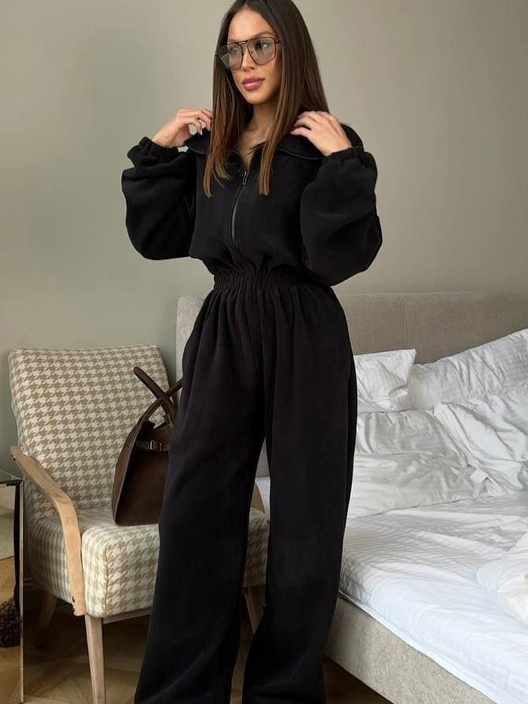 Women's Long Sleeve Jumpsuit with Half Placket and Elastic Waist