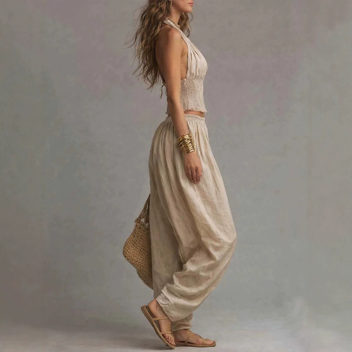 Sleeveless Halter Open-Back Top and Wide-Leg Pants Two-Piece Set