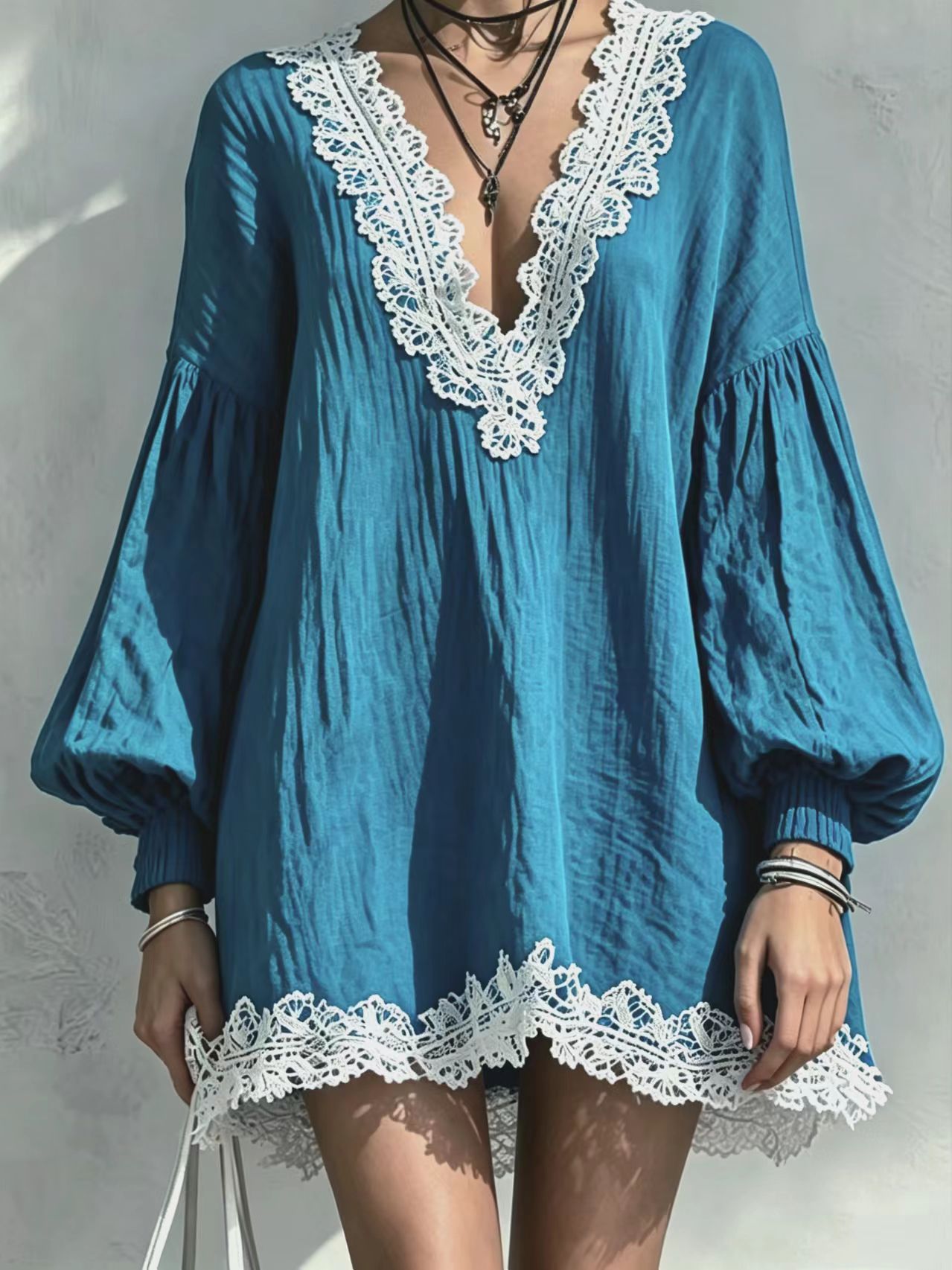 Color-Block V-Neck Lace-Trim Lantern-Sleeve Loose Dress