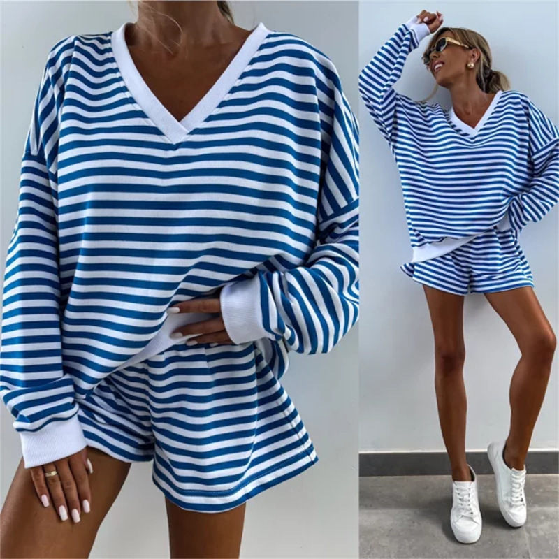 Women's Striped Long Sleeve V-Neck Loose Top and Shorts 2-Piece Set