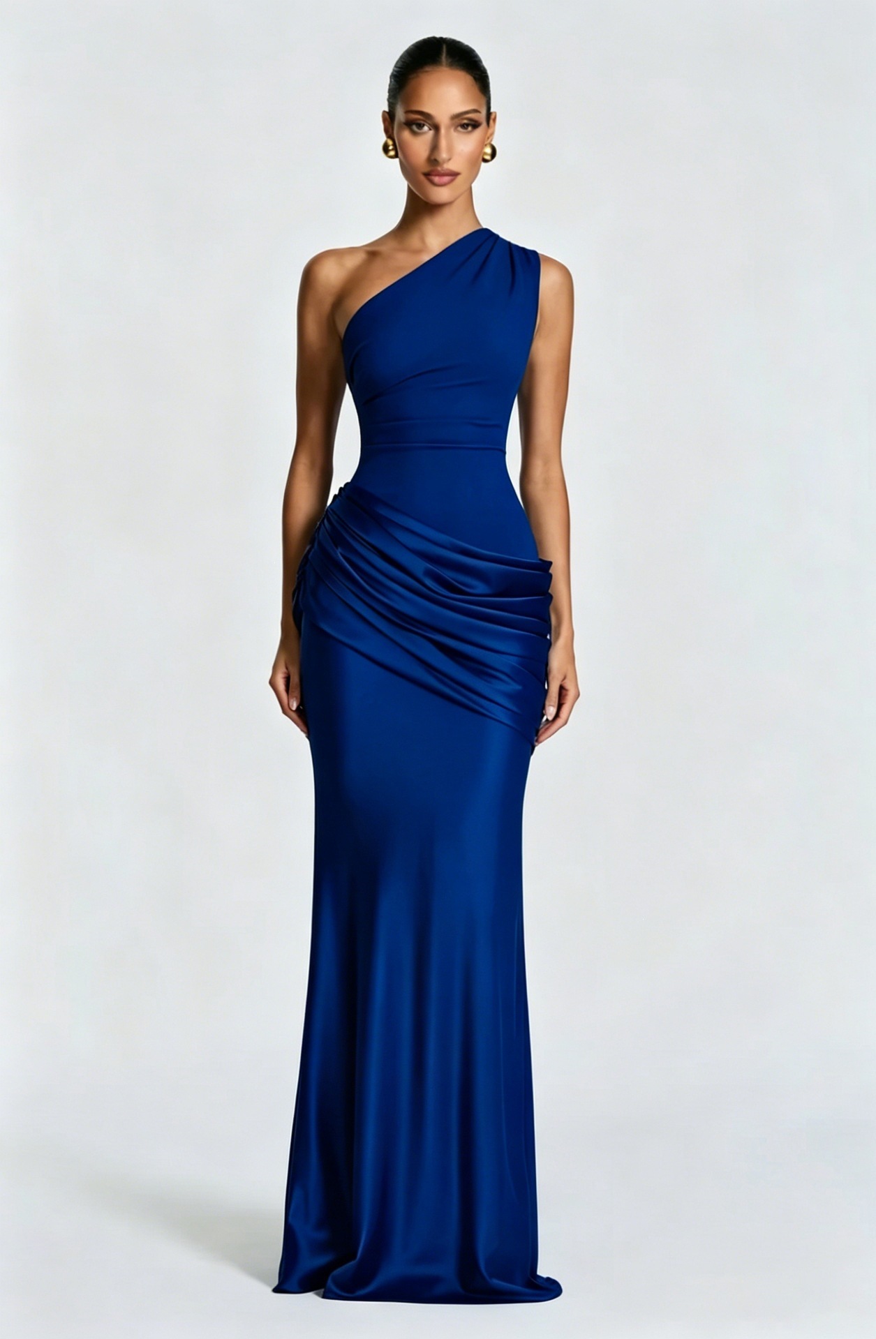 One-Shoulder Ruched Satin Bodycon Maxi Dress