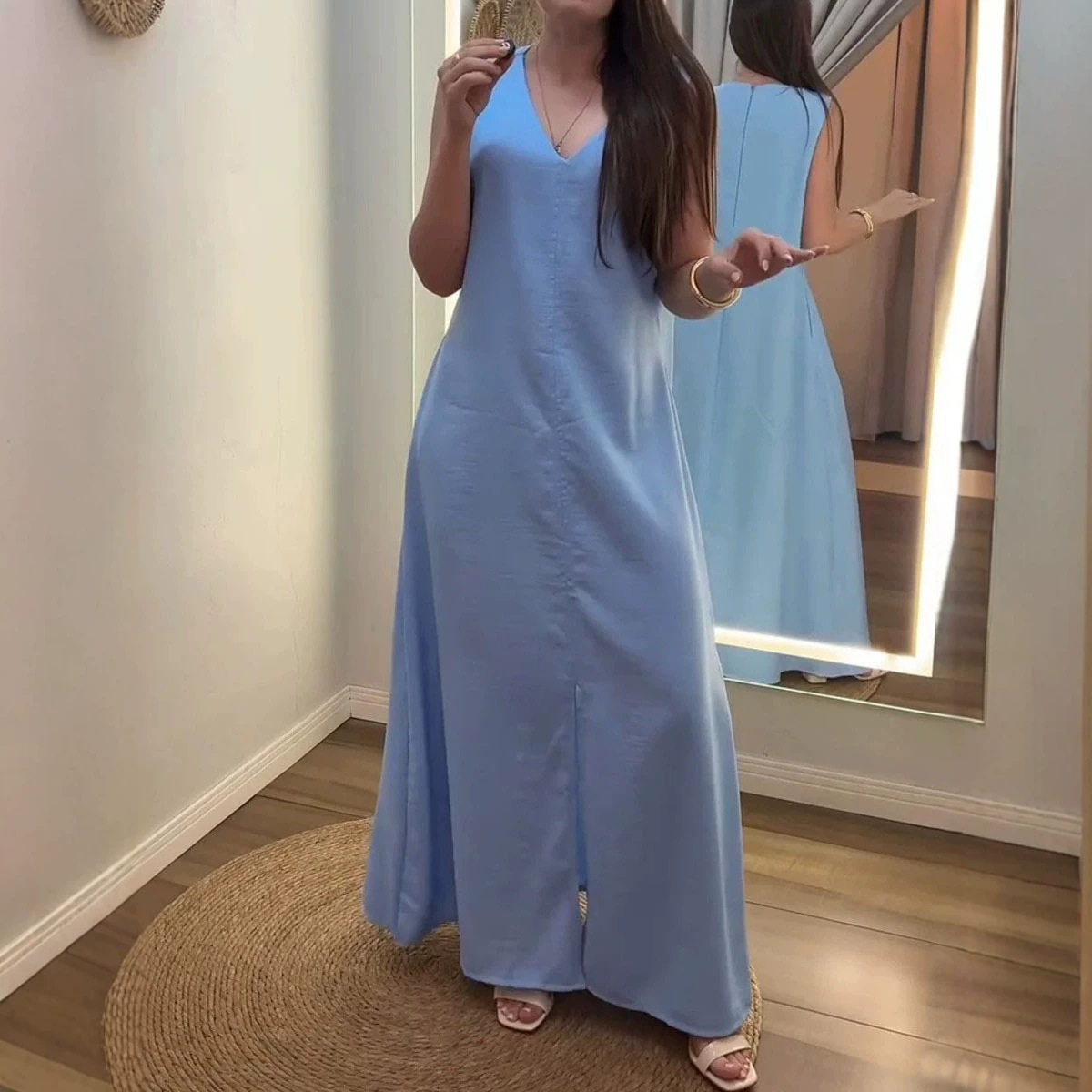 Women's Solid V-Neck Sleeveless Loose Cotton-Linen Maxi Dress