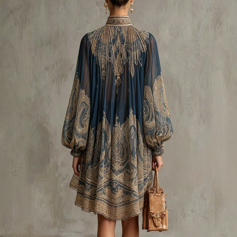 High Neck Printed Midi Dress with Long Sleeves and Shawl, Loose Boho Vacation Style