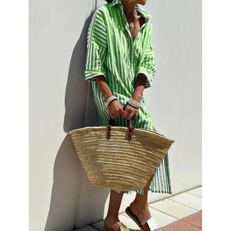 Striped Button-Front Midi Shirt Dress with Collar and Five-Quarter Sleeves