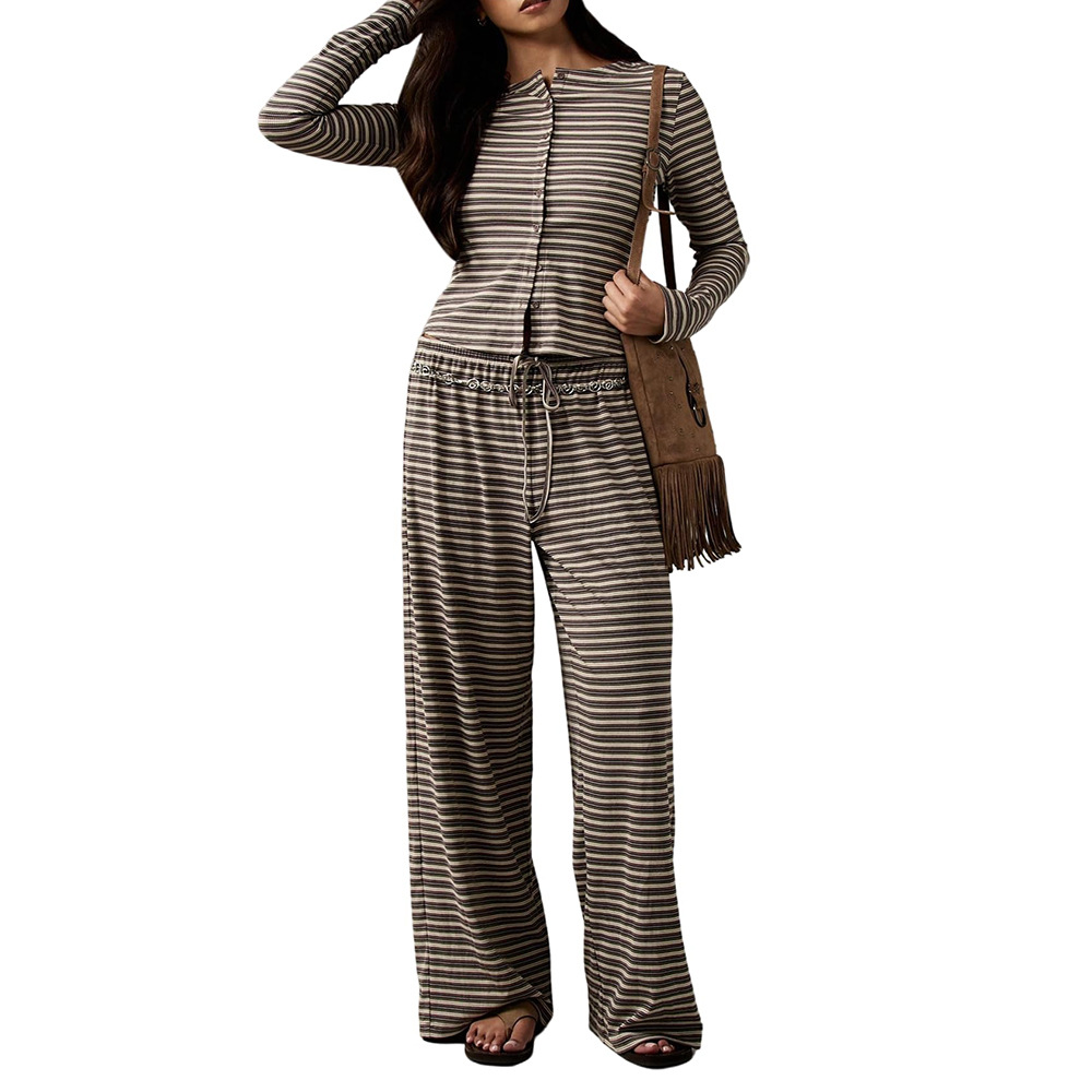 Women's Striped Long Sleeve Top and Pants Casual Y2K Set