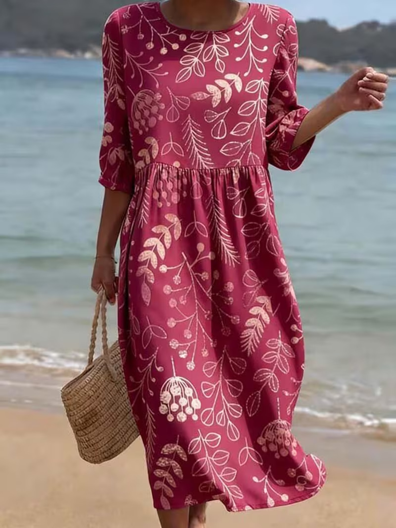 Women's Vintage Floral Print Pleated Midi Dress