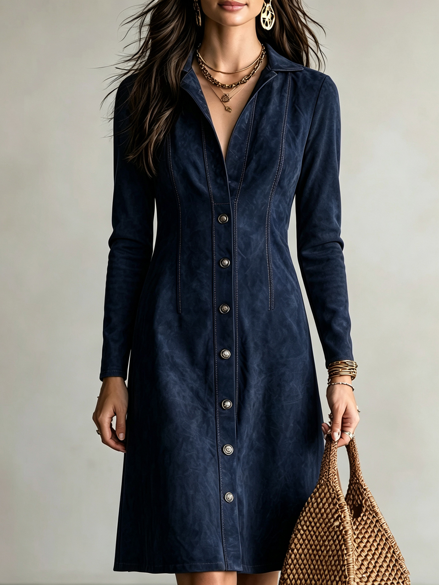 Faux Suede Button-Front Slim Fit Long Sleeve Midi Dress