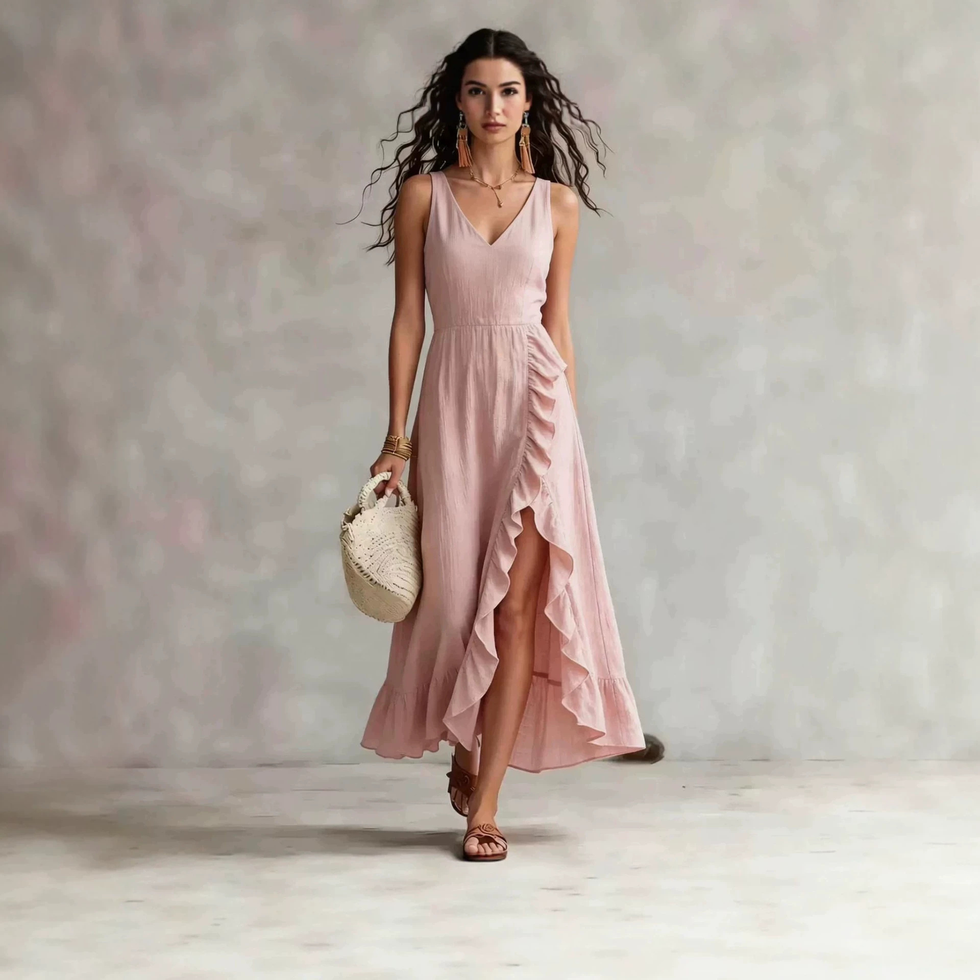 Bohemian V-Neck Sleeveless Ruffle Slit Maxi Dress