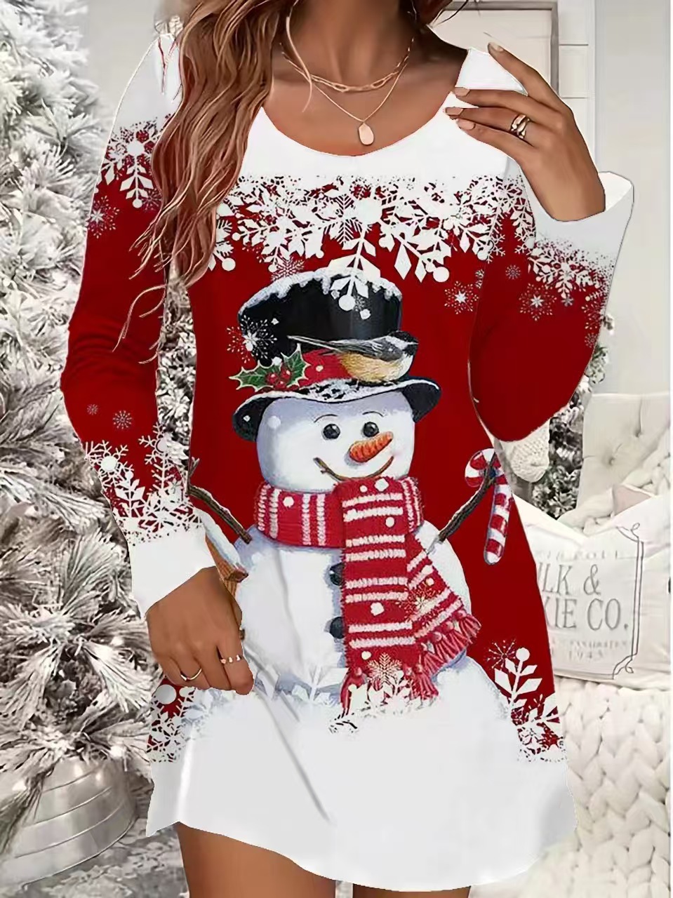 Christmas Snowflake & Tree Print Long Sleeve Crew Neck Dress