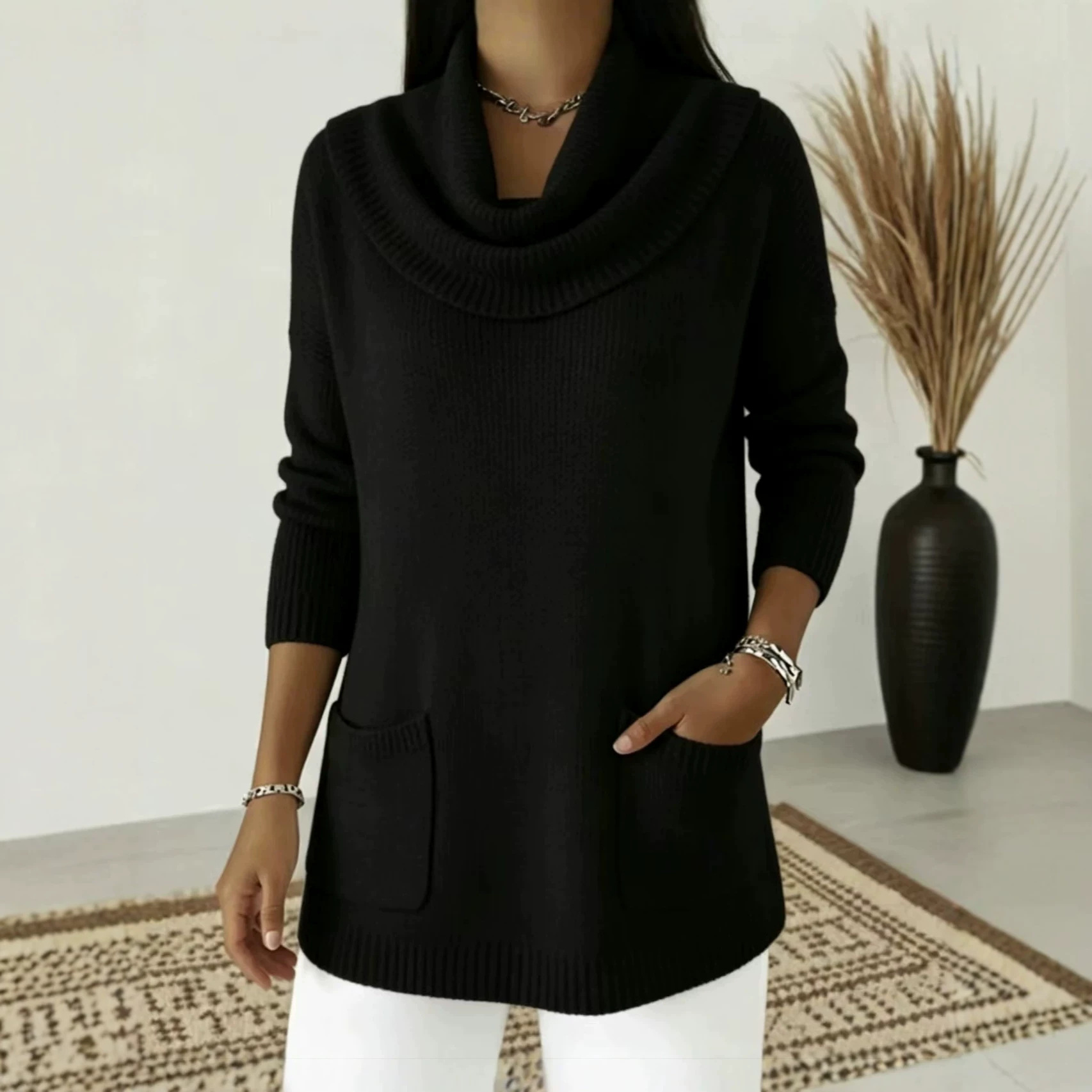 Women's Solid Color Pocket Long Sleeve Sweater