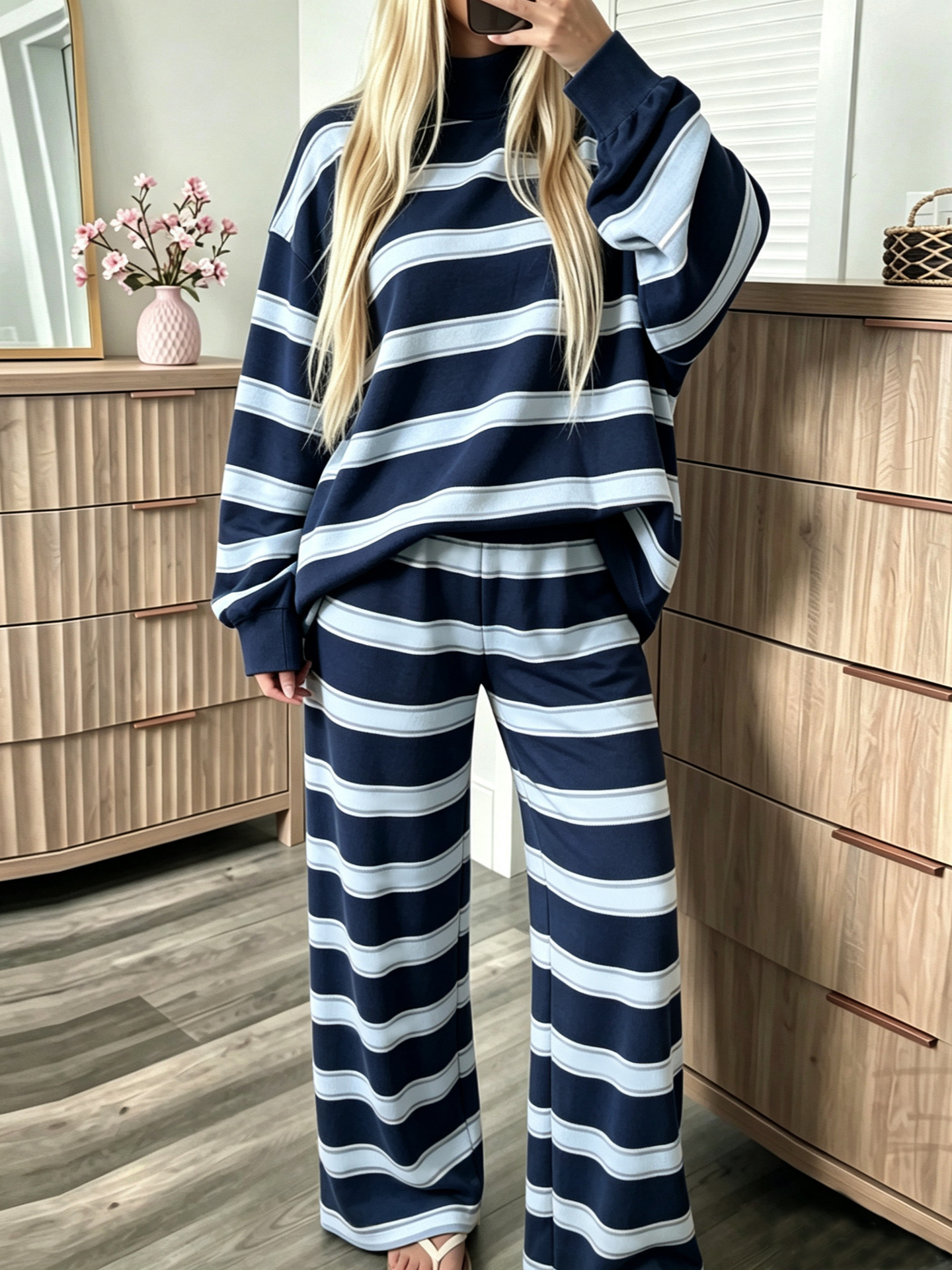 Striped Print Two-Piece Women's Casual Set Long Sleeve Crew Neck