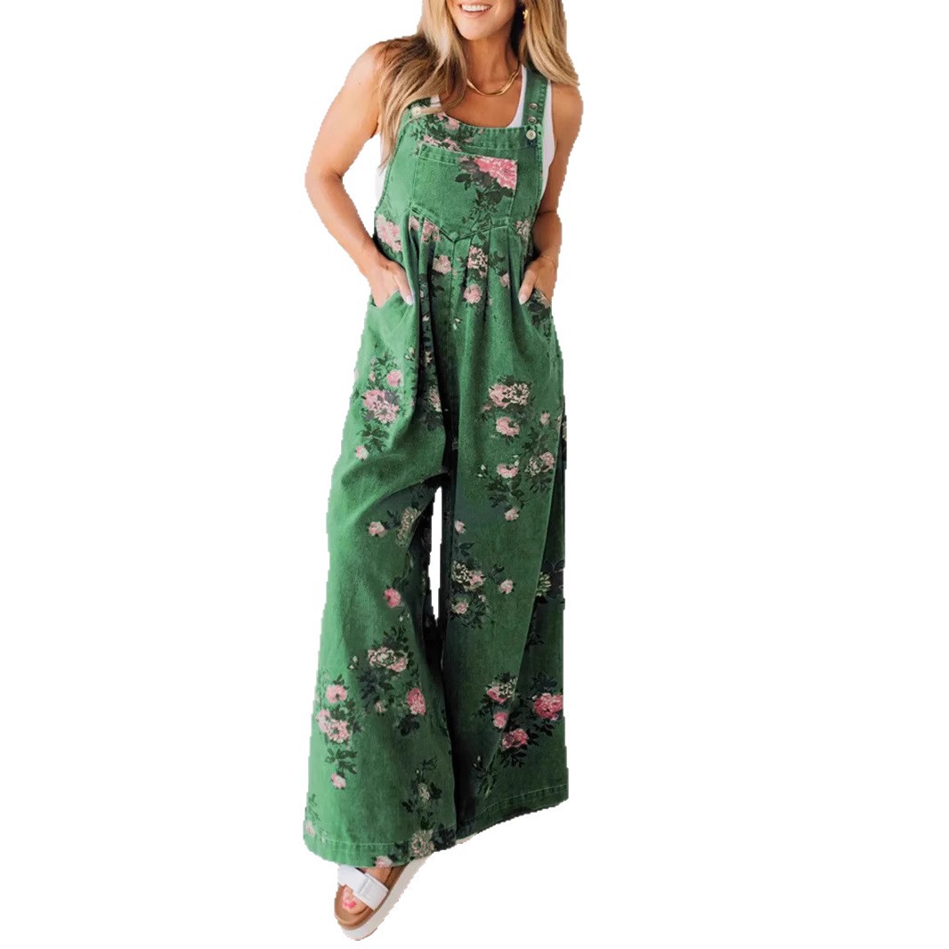 Floral Print Denim Sleeveless Jumpsuit with Pockets
