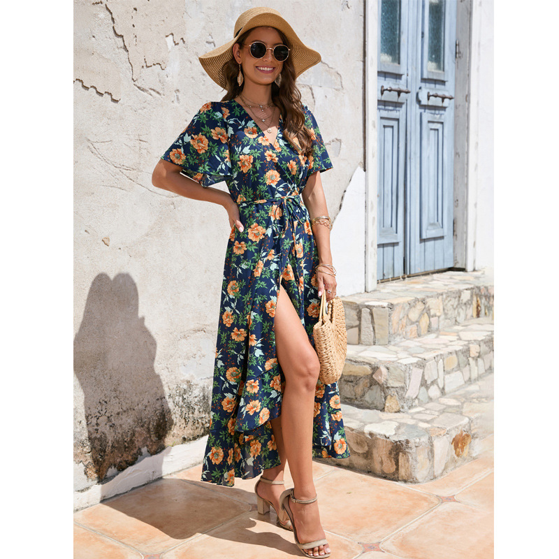 New One-Shoulder Chiffon Maxi Dress with Ruffled Sleeves