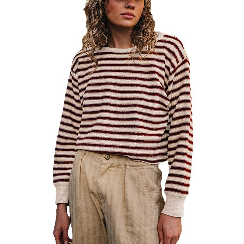 Women's Striped Crewneck Knit Sweater Colorblock Loose Fit